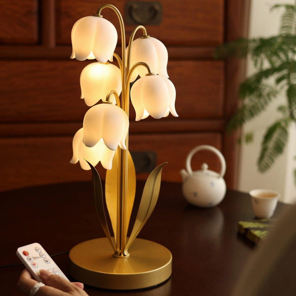 Kochwert Lily of the Valley Resin Table Lamp – Gold Green Bedside Light for Bedroom Decor