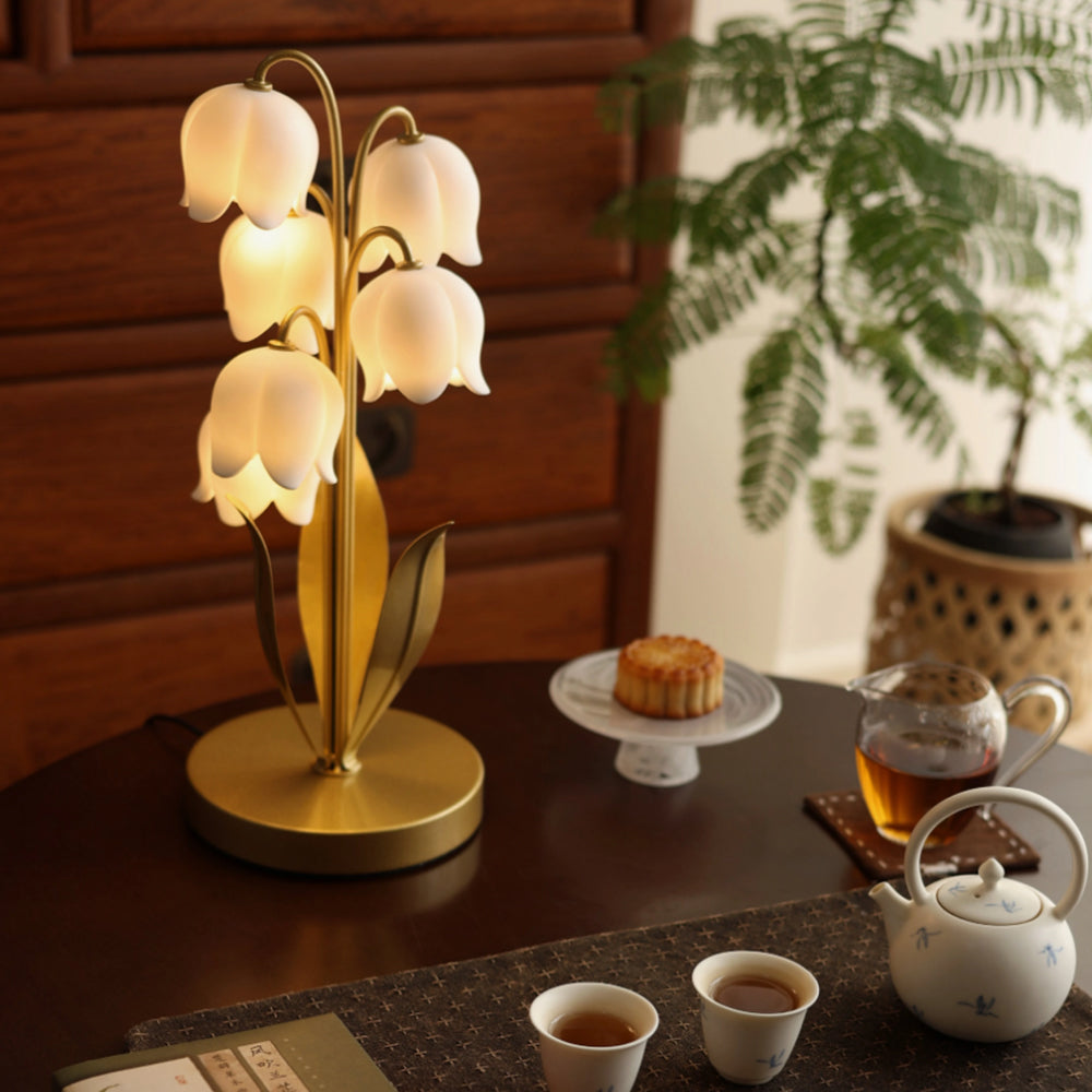 Kochwert Lily of the Valley Resin Table Lamp – Gold Green Bedside Light for Bedroom Decor