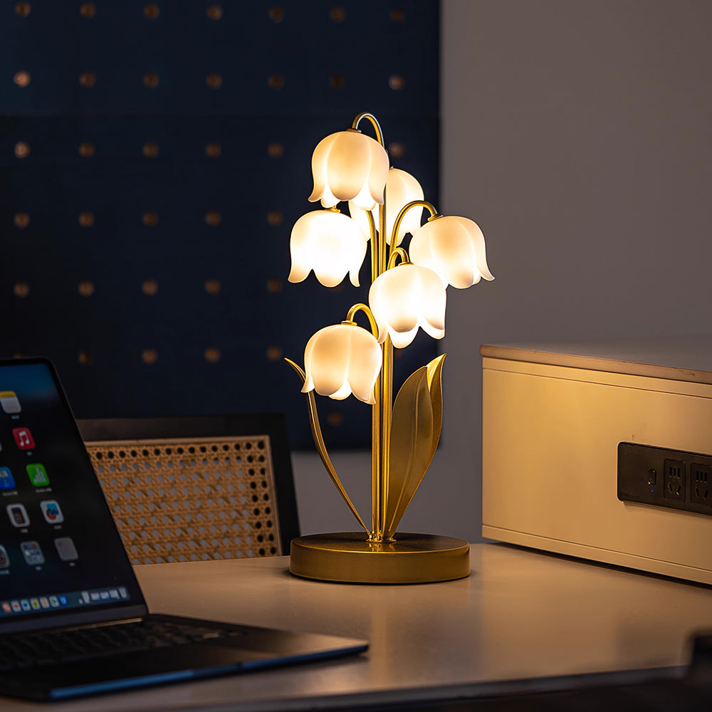 Kochwert Lily of the Valley Resin Table Lamp – Gold Green Bedside Light for Bedroom Decor