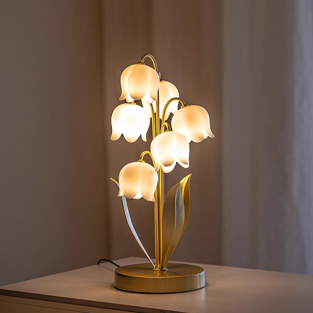 Kochwert Lily of the Valley Resin Table Lamp – Gold Green Bedside Light for Bedroom Decor