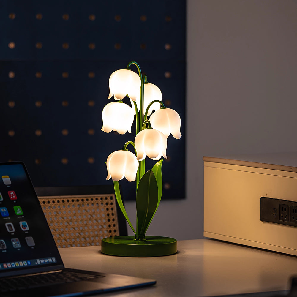 Kochwert Lily of the Valley Resin Table Lamp – Gold Green Bedside Light for Bedroom Decor