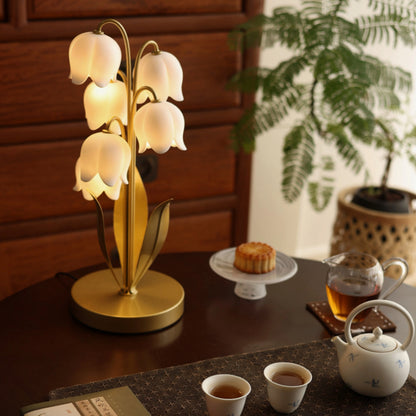 Kochwert Lily of the Valley Resin Table Lamp – Gold Green Bedside Light for Bedroom Decor