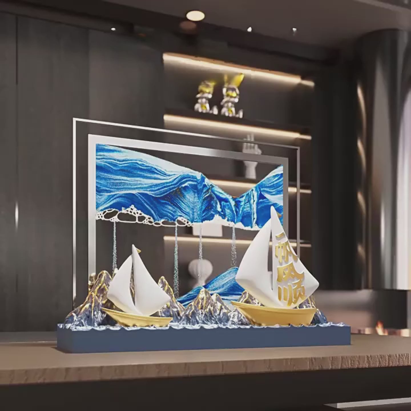 Kochwert Resin Sand Art Decor - 3D Gold Blue Sailboat Ocean Home Decor Blessing Gift-2